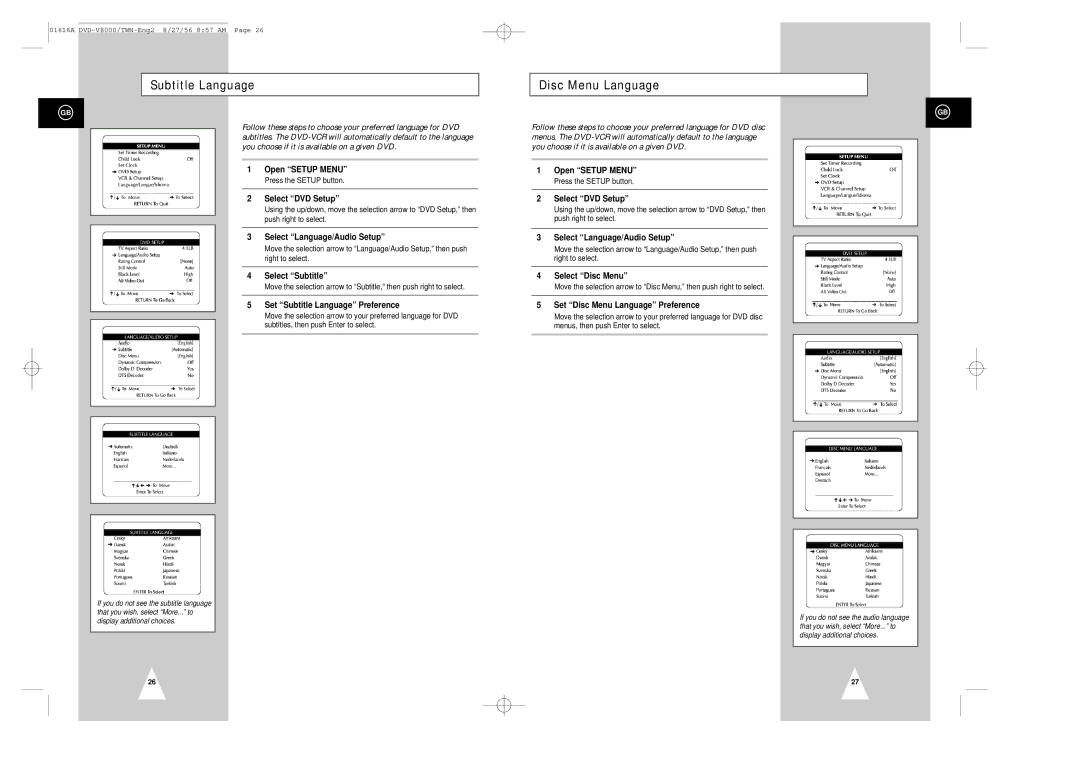 Samsung DVD-V8000 instruction manual Subtitle Language, Disc Menu Language 