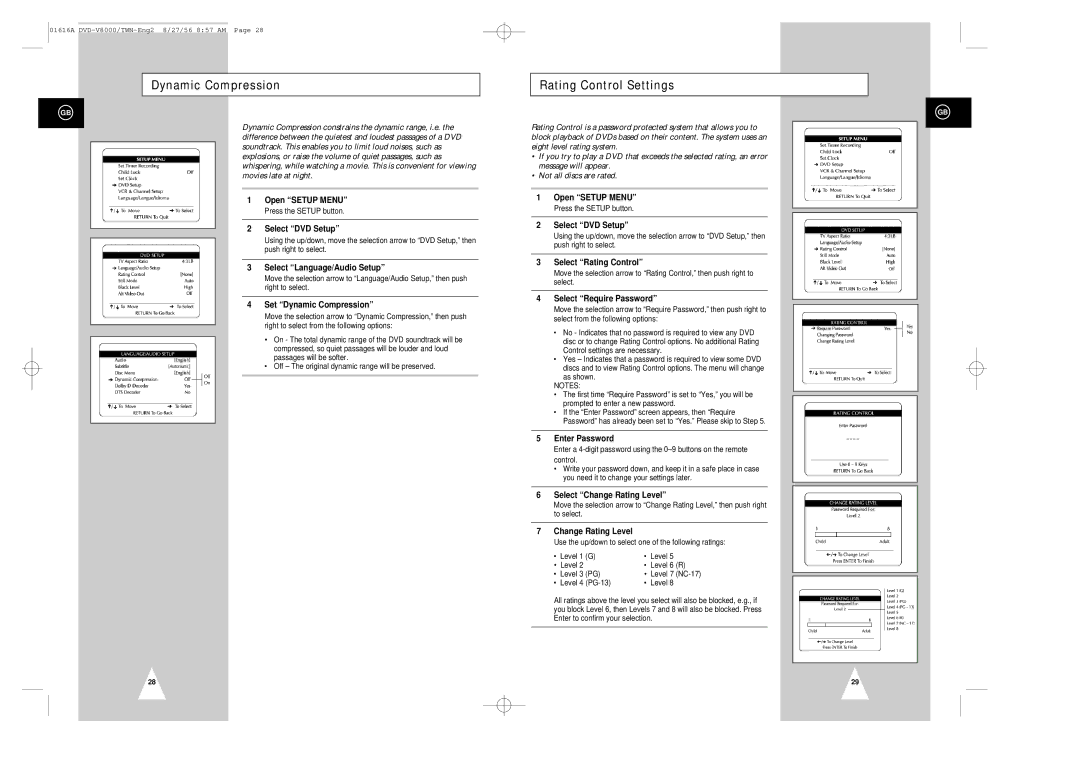 Samsung DVD-V8000 instruction manual Dynamic Compression, Rating Control Settings 