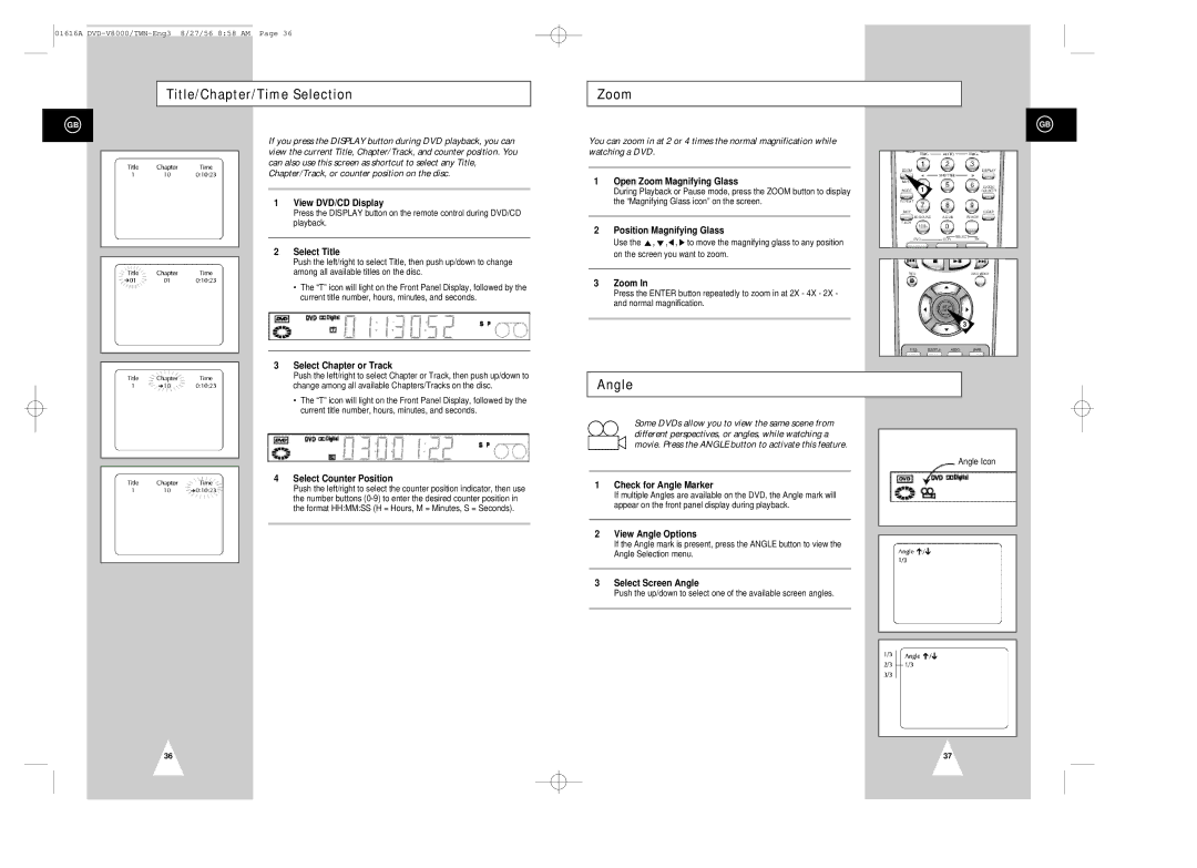 Samsung DVD-V8000 instruction manual Title/Chapter/Time Selection Zoom, Angle 