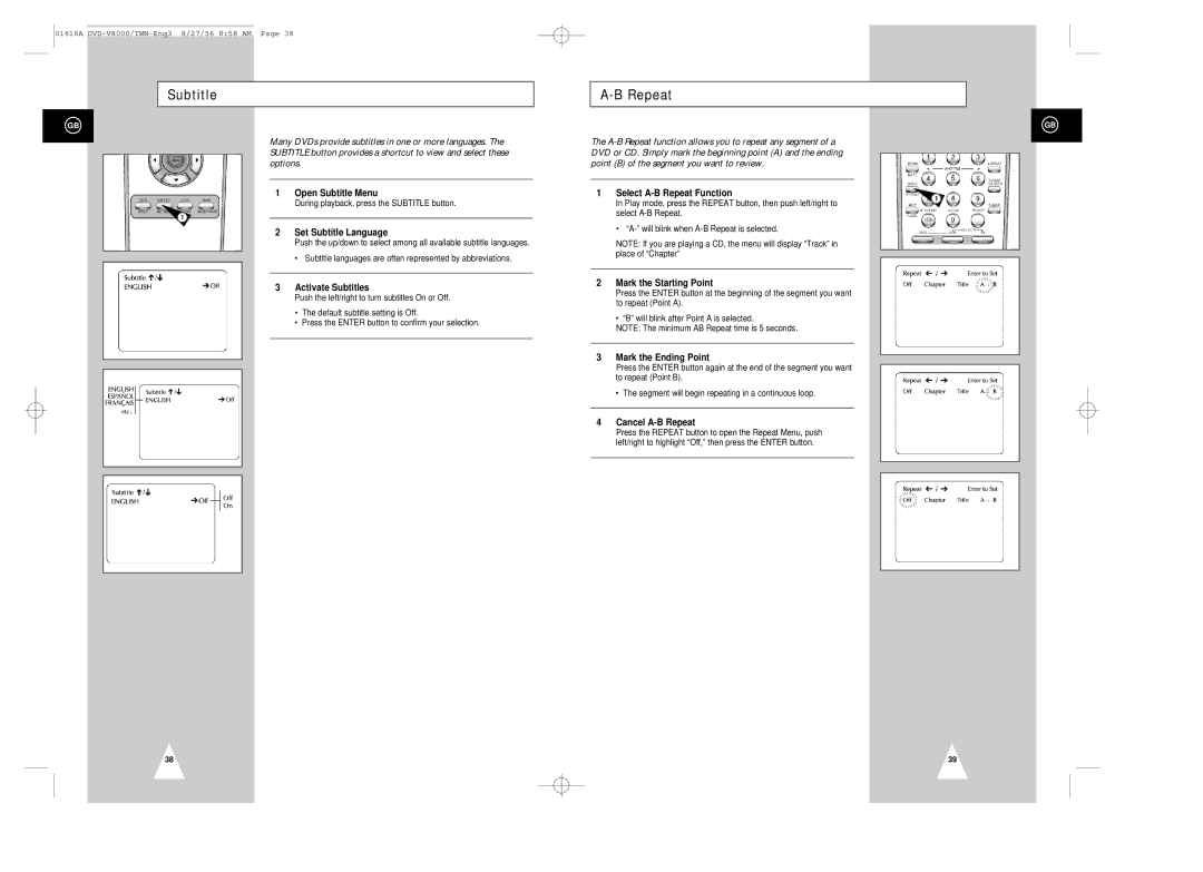 Samsung DVD-V8000 instruction manual Subtitle Repeat 