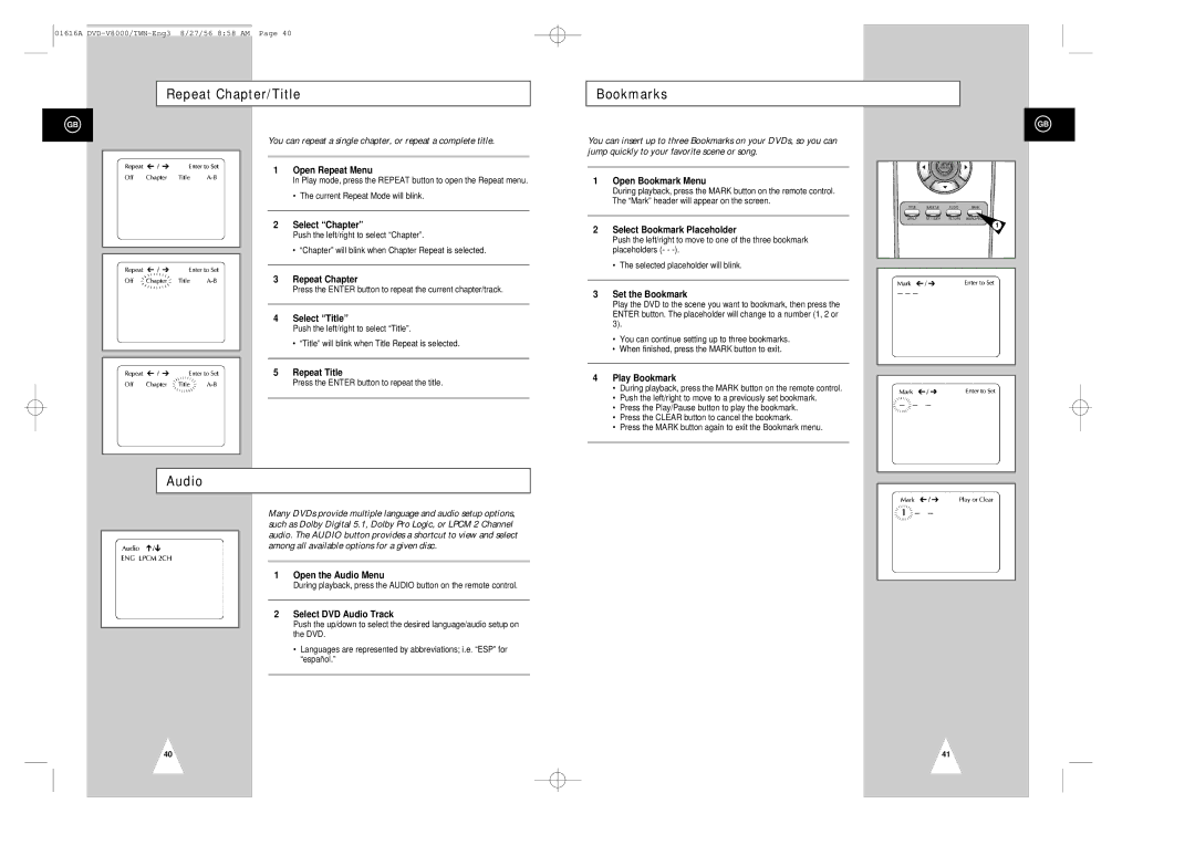 Samsung DVD-V8000 instruction manual Repeat Chapter/Title, Audio, Bookmarks 