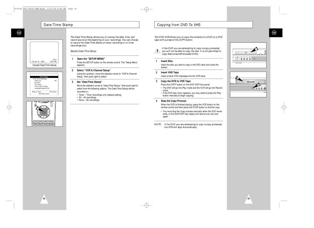 Samsung DVD-V8000 instruction manual Date/Time Stamp Copying from DVD To VHS, Set Date/Time Stamp, Copy the DVD to VHS Tape 