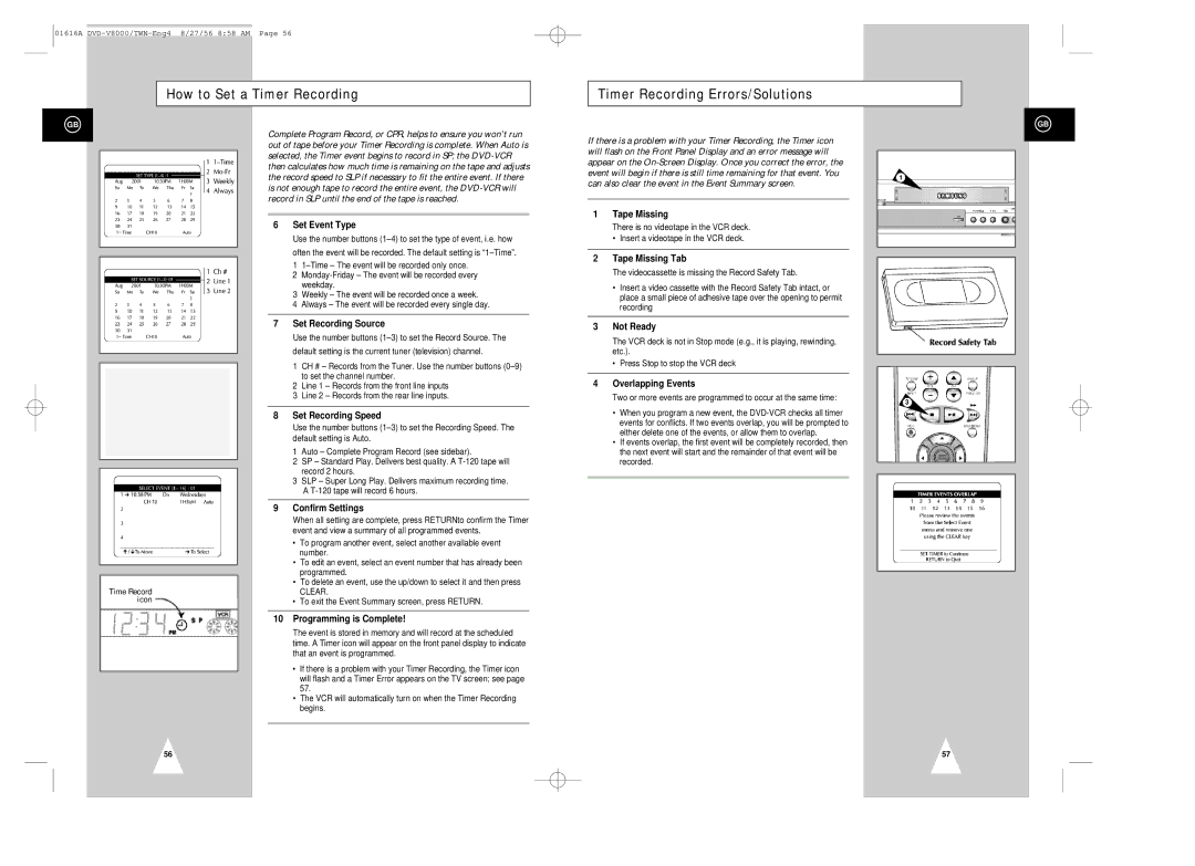 Samsung DVD-V8000 Set Event Type, Set Recording Source, Set Recording Speed, Programming is Complete, Tape Missing 