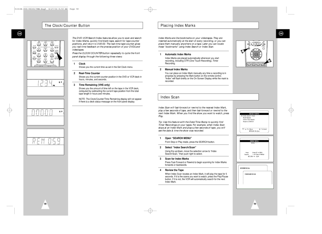 Samsung DVD-V8000 instruction manual Clock/Counter Button Placing Index Marks, Index Scan 