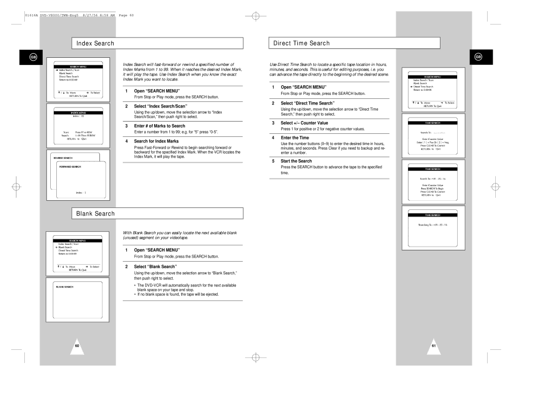 Samsung DVD-V8000 instruction manual Index Search, Blank Search, Direct Time Search 