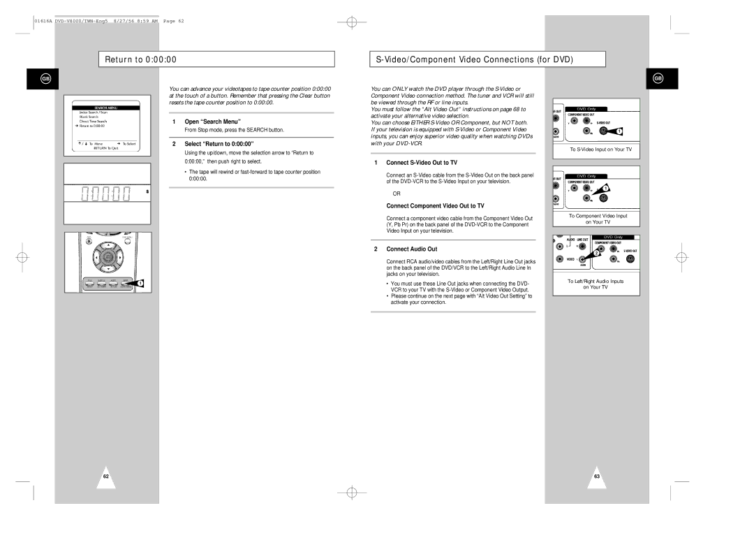 Samsung DVD-V8000 Return to Video/Component Video Connections for DVD, Select Return to, Connect S-Video Out to TV 