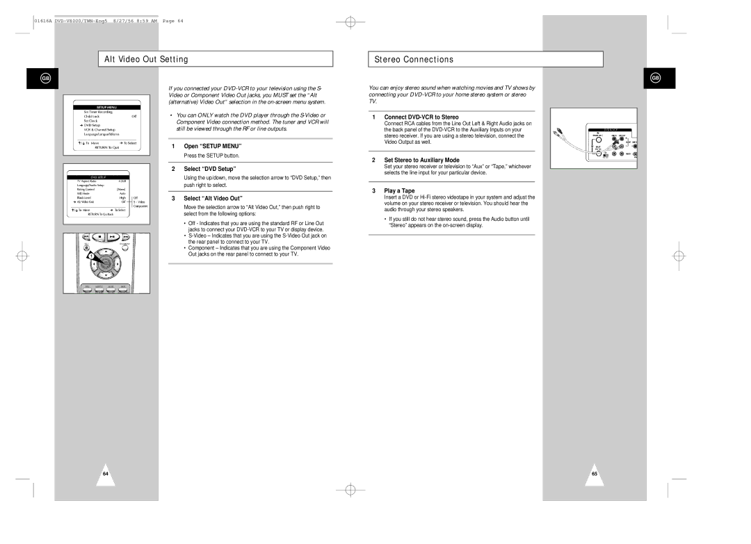 Samsung DVD-V8000 Alt Video Out Setting Stereo Connections, Select Alt Video Out, Connect DVD-VCR to Stereo, Play a Tape 