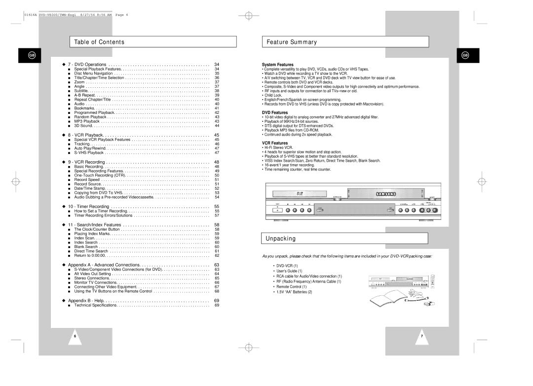 Samsung DVD-V8000 instruction manual Feature Summary, Unpacking, System Features, DVD Features, VCR Features 