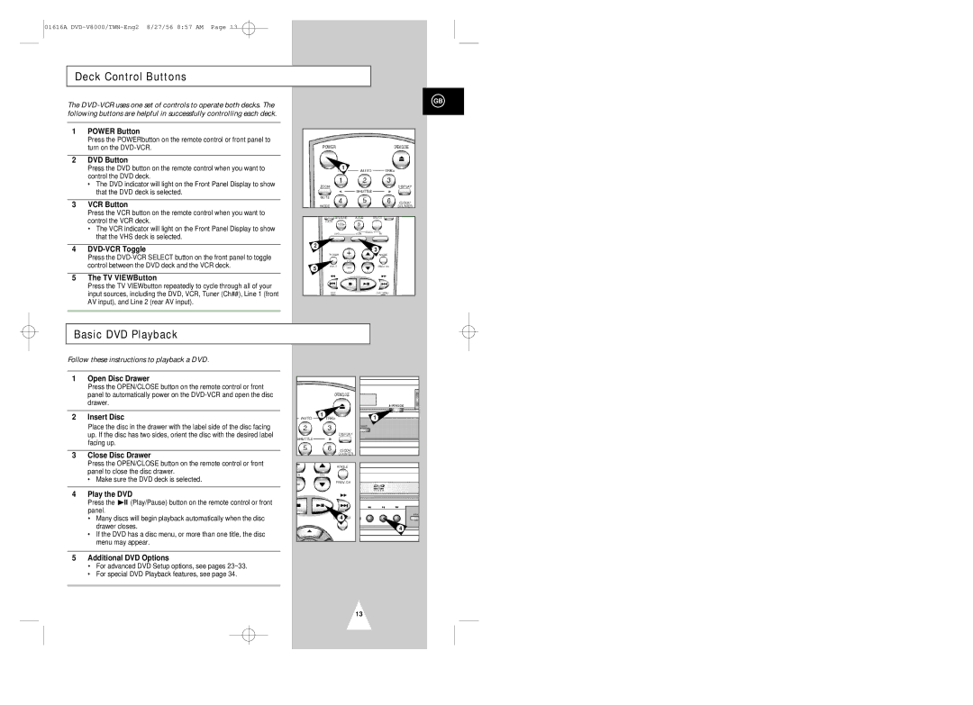 Samsung DVD-V8000 instruction manual Deck Control Buttons, Basic DVD Playback 