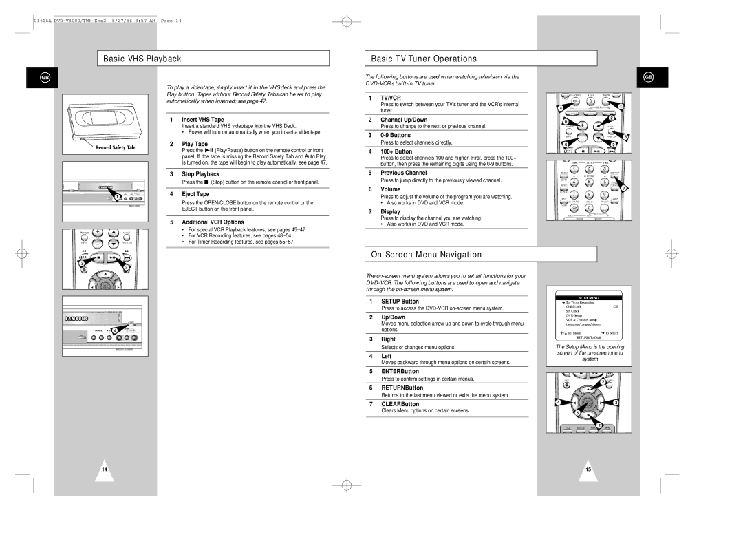 Samsung DVD-V8000 instruction manual Basic VHS Playback Basic TV Tuner Operations, On-Screen Menu Navigation 