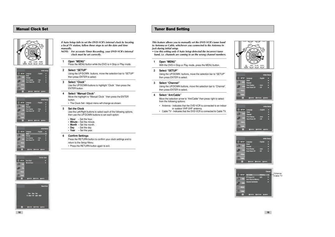 Samsung DVD-V8080 instruction manual Manual Clock Set Tuner Band Setting 