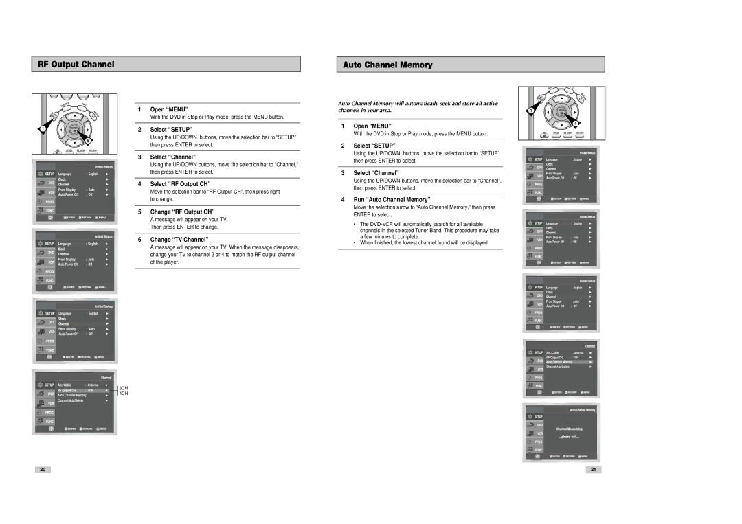 Samsung DVD-V8080 instruction manual RF Output Channel Auto Channel Memory 