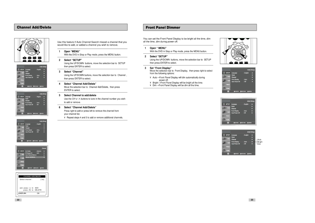 Samsung DVD-V8080 Channel Add/Delete Front Panel Dimmer, Select Channel Add/Delete, Select Channel to add/delete 