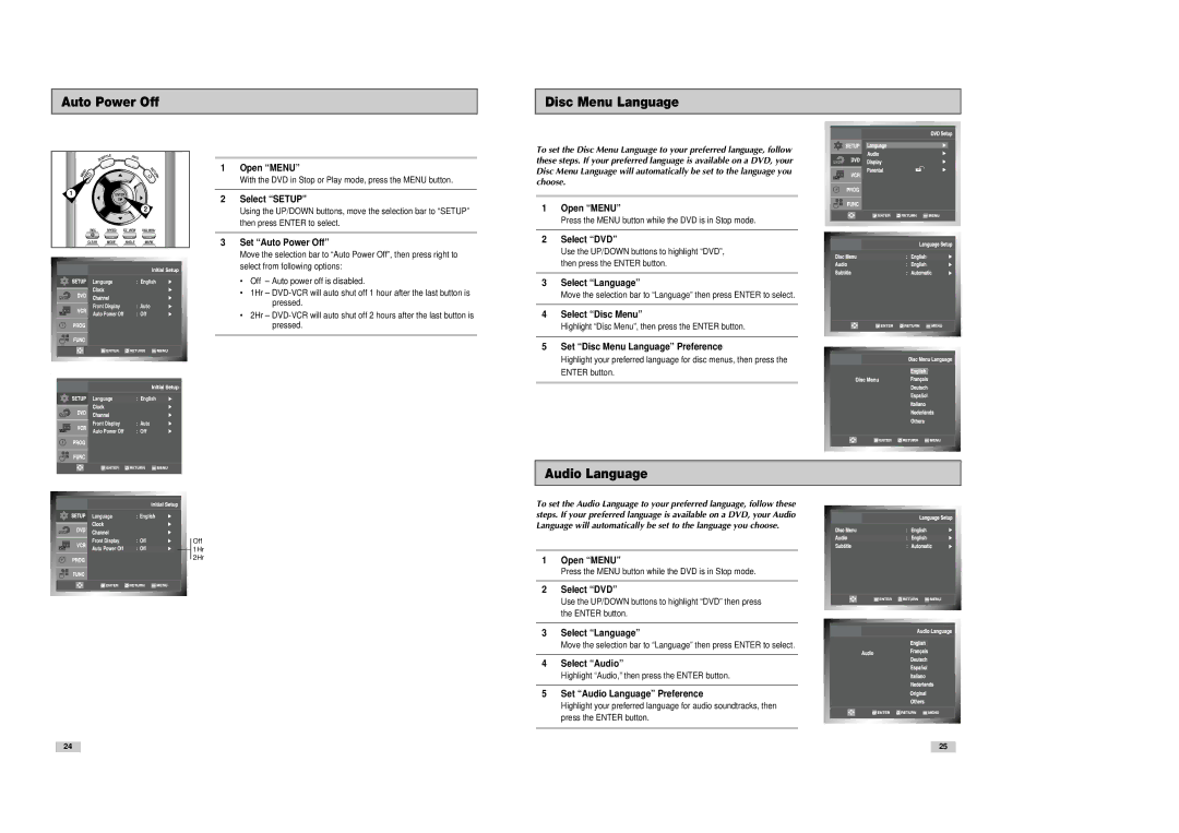 Samsung DVD-V8080 instruction manual Auto Power Off Disc Menu Language, Audio Language 