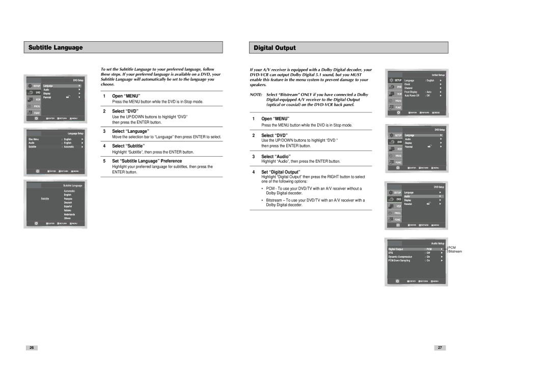 Samsung DVD-V8080 Subtitle Language Digital Output, Select Subtitle, Set Subtitle Language Preference, Set Digital Output 