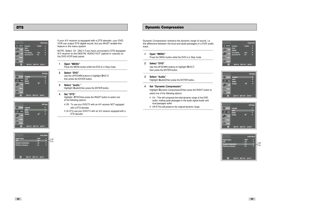 Samsung DVD-V8080 instruction manual Set DTS, Set Dynamic Compression 