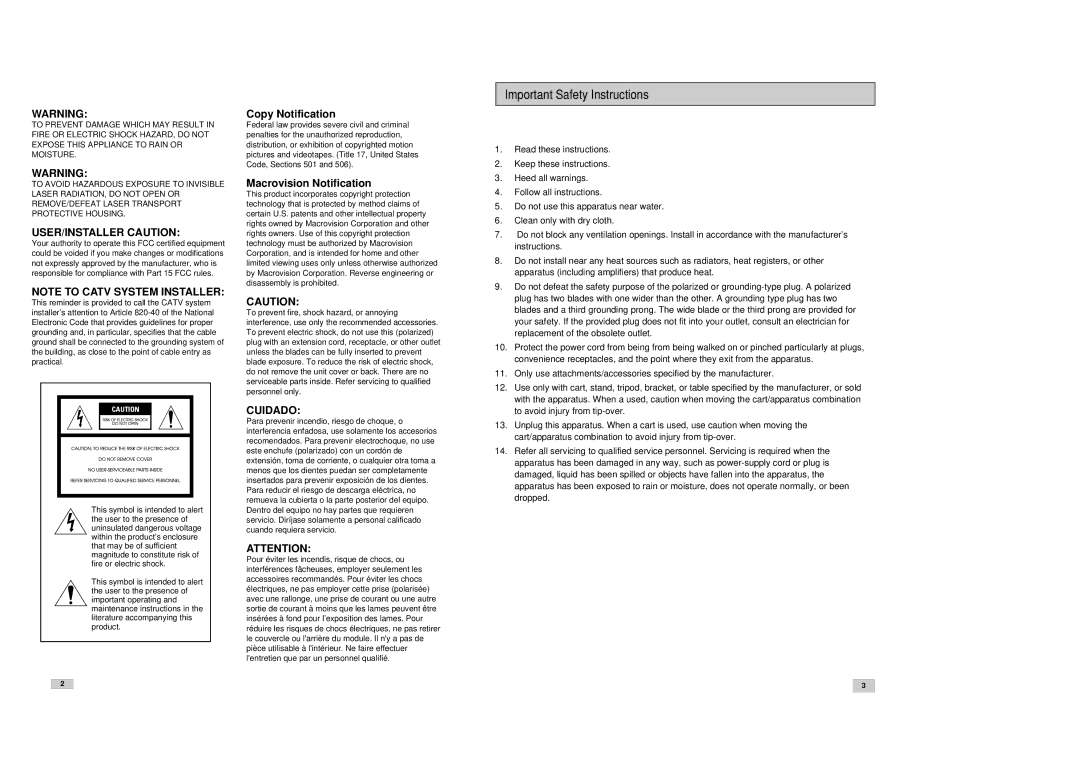 Samsung DVD-V8080 instruction manual Important Safety Instructions, USER/INSTALLER Caution 