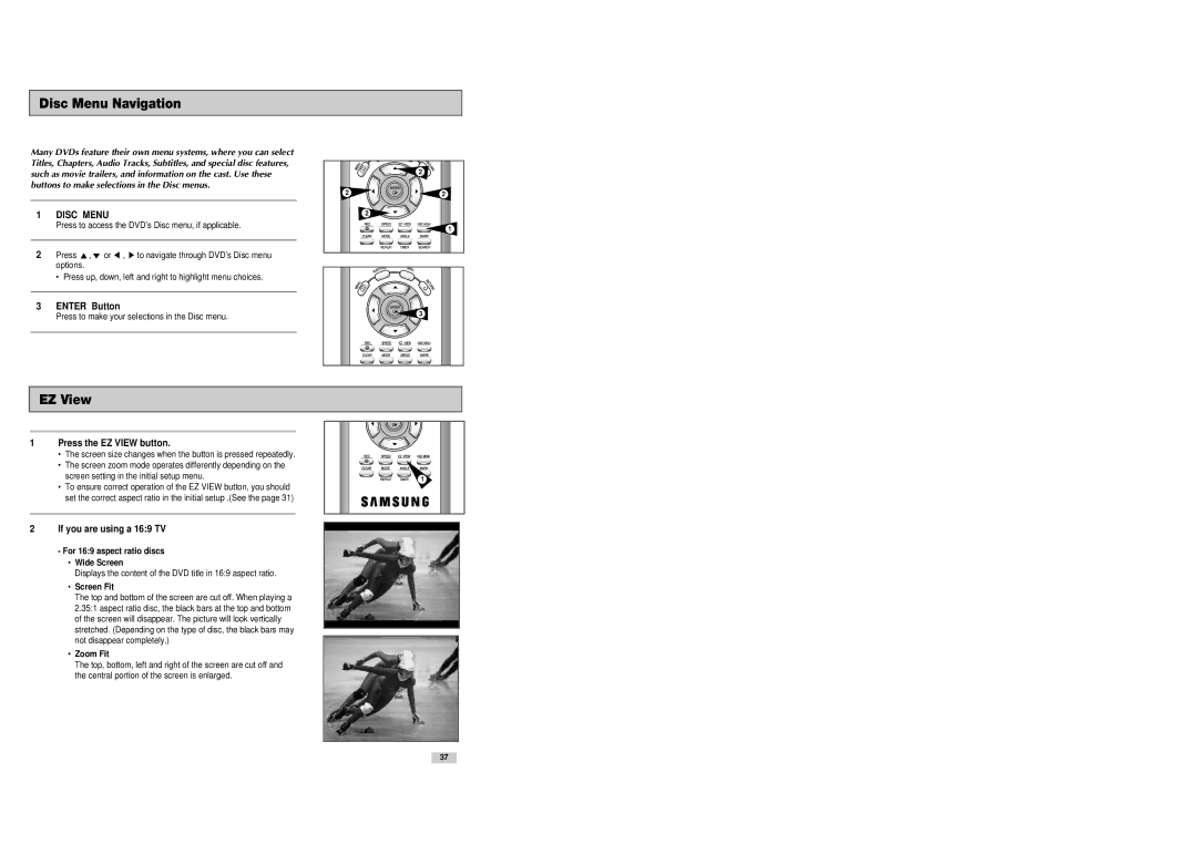 Samsung DVD-V8080 instruction manual Disc Menu Navigation, Press the EZ View button, Screen Fit, Zoom Fit 