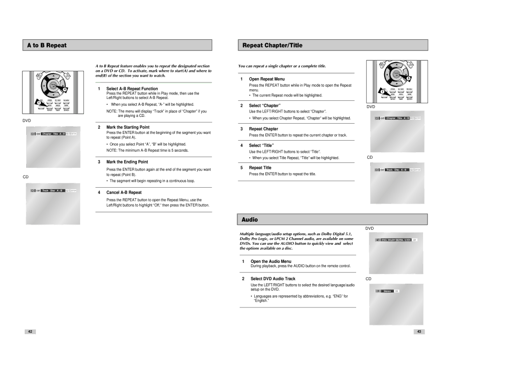 Samsung DVD-V8080 To B Repeat Repeat Chapter/Title, Audio, You can repeat a single chapter or a complete title 