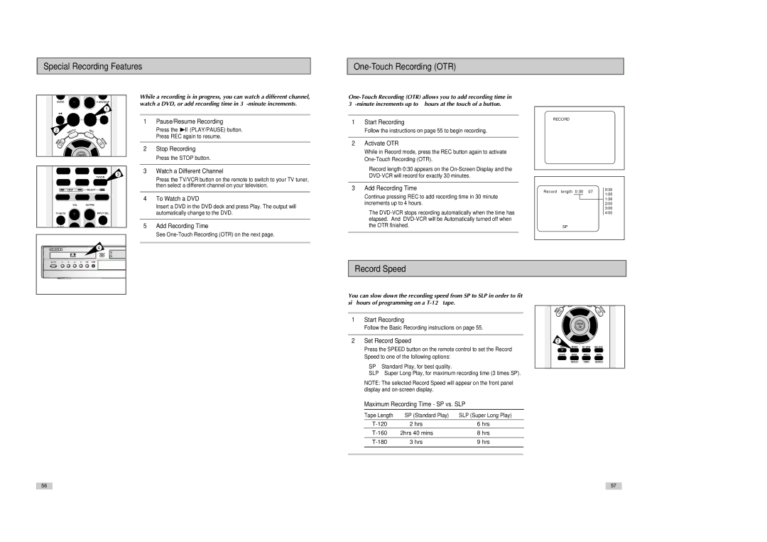 Samsung DVD-V8080 instruction manual Special Recording Features One-Touch Recording OTR, Record Speed 