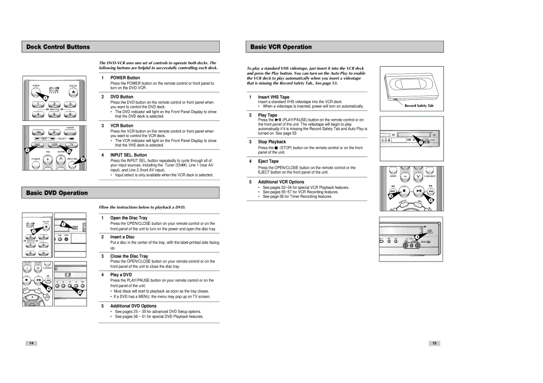 Samsung DVD-V8080 instruction manual Deck Control Buttons Basic VCR Operation, Basic DVD Operation 