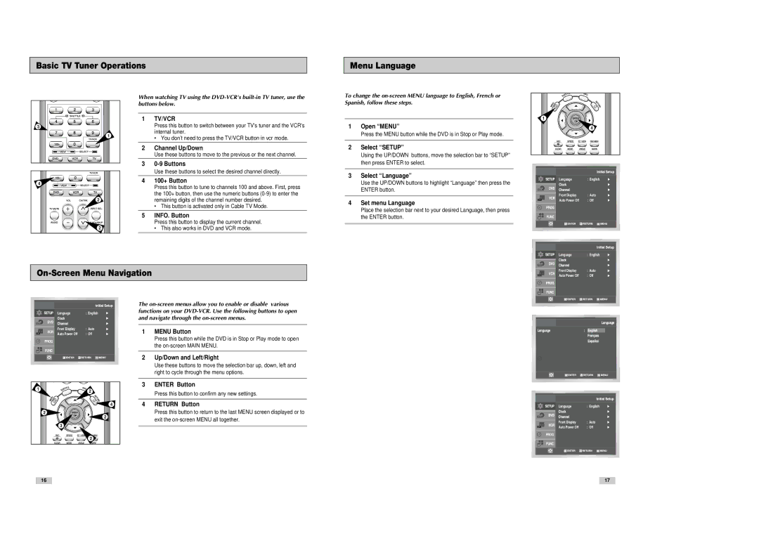 Samsung DVD-V8080 instruction manual Basic TV Tuner Operations Menu Language, On-Screen Menu Navigation 