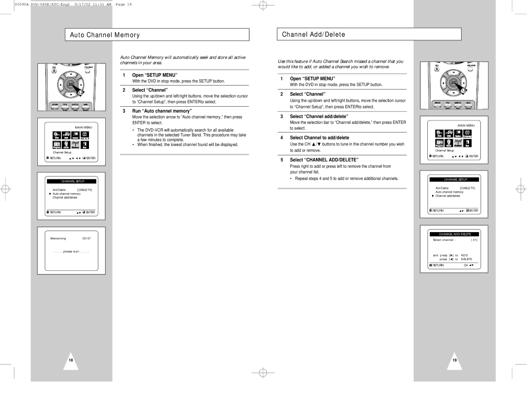 Samsung DVD-V85K Auto Channel Memory Channel Add/Delete, Run Auto channel memory, Select Channel add/delete 
