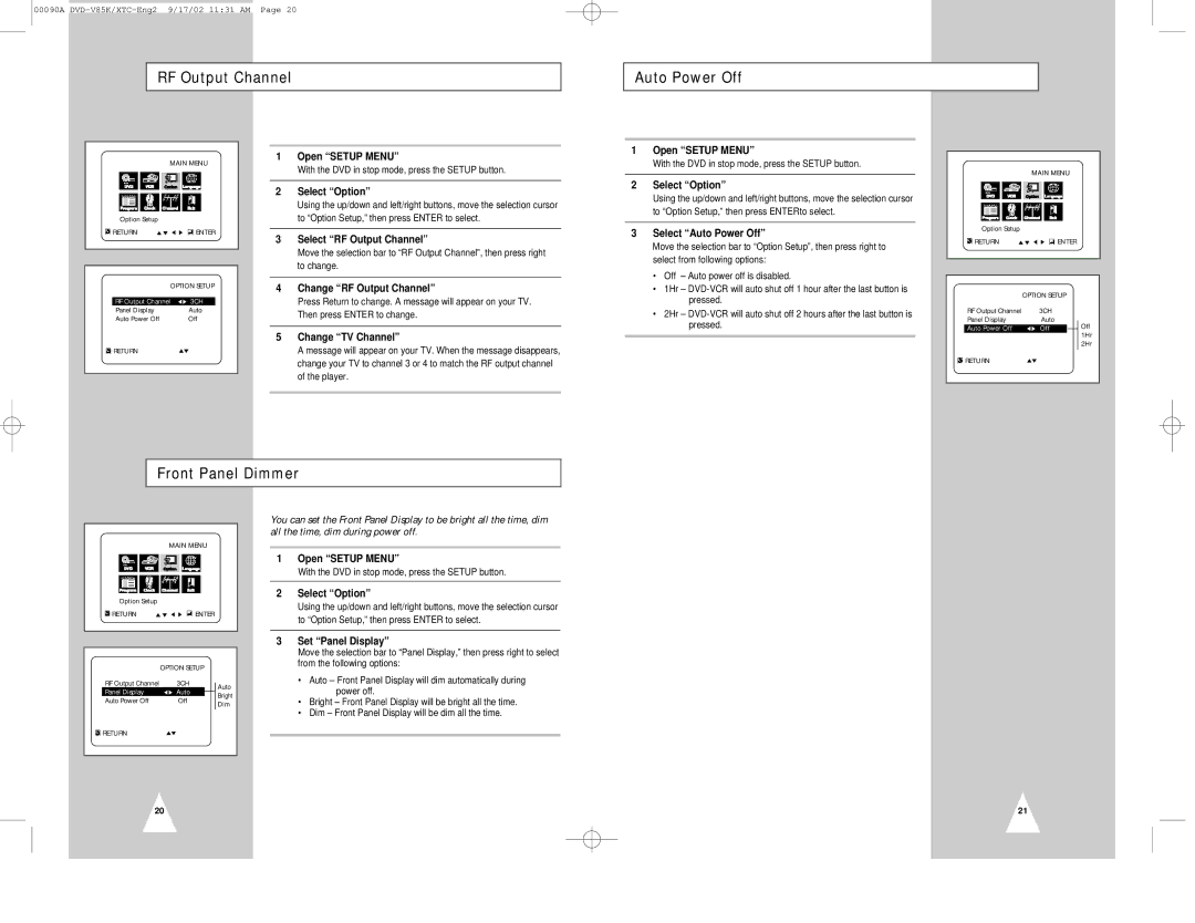 Samsung DVD-V85K instruction manual RF Output Channel Auto Power Off, Front Panel Dimmer 