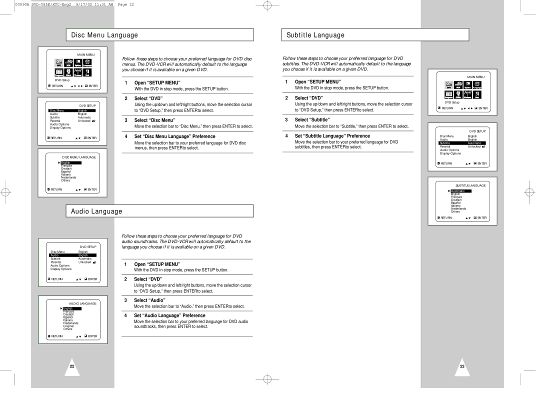 Samsung DVD-V85K instruction manual Disc Menu Language Subtitle Language, Audio Language 