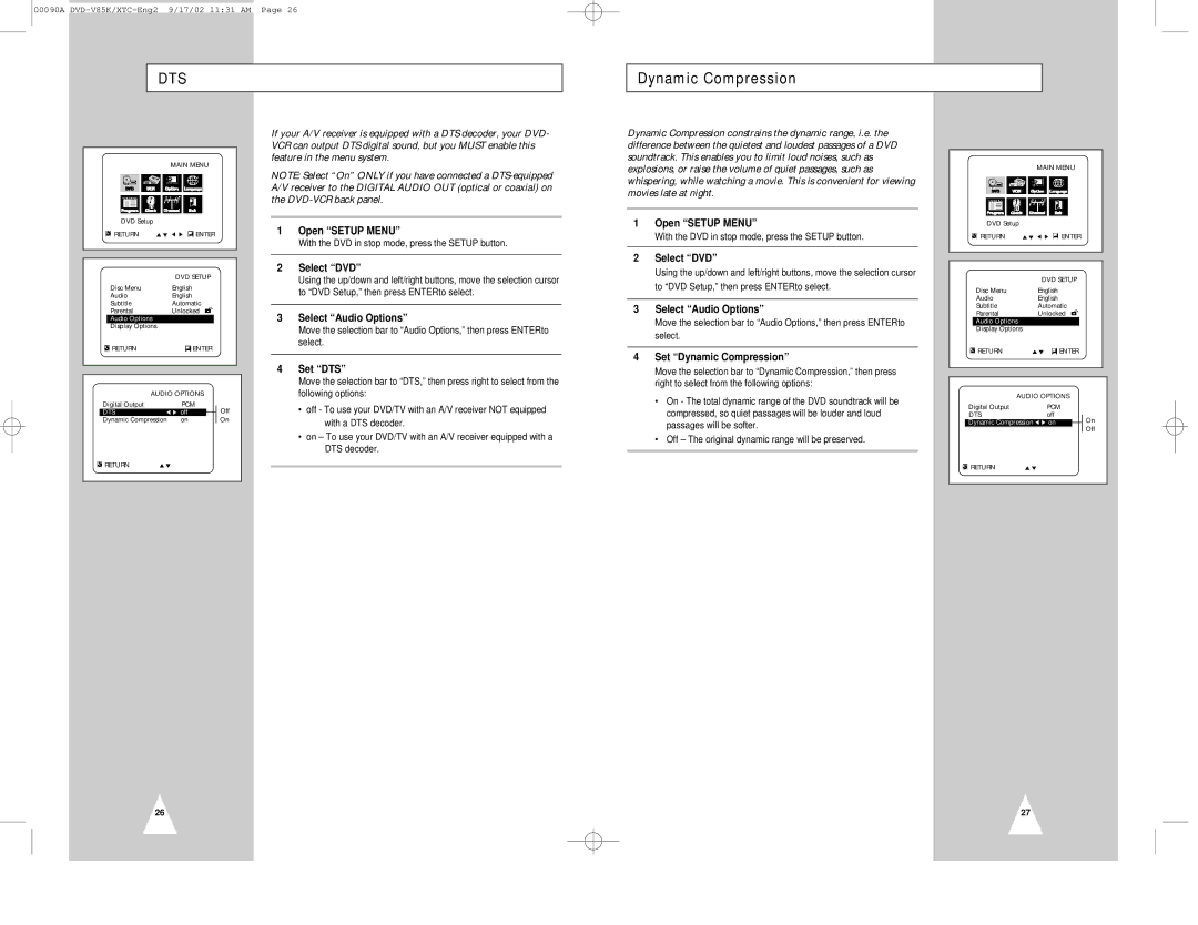 Samsung DVD-V85K instruction manual Set DTS, Set Dynamic Compression, Off The original dynamic range will be preserved 