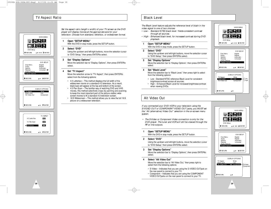 Samsung DVD-V85K instruction manual TV Aspect Ratio Black Level, Alt Video Out 