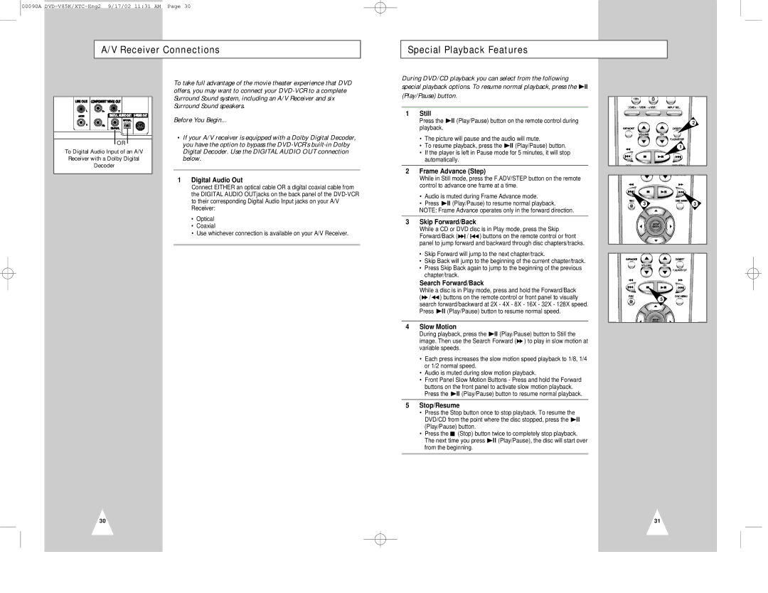 Samsung DVD-V85K instruction manual Receiver Connections Special Playback Features 