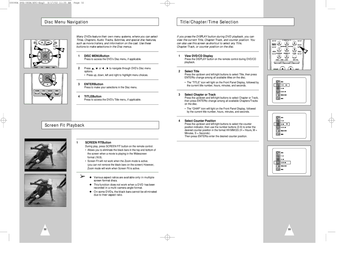 Samsung DVD-V85K instruction manual Disc Menu Navigation Title/Chapter/Time Selection, Screen Fit Playback 