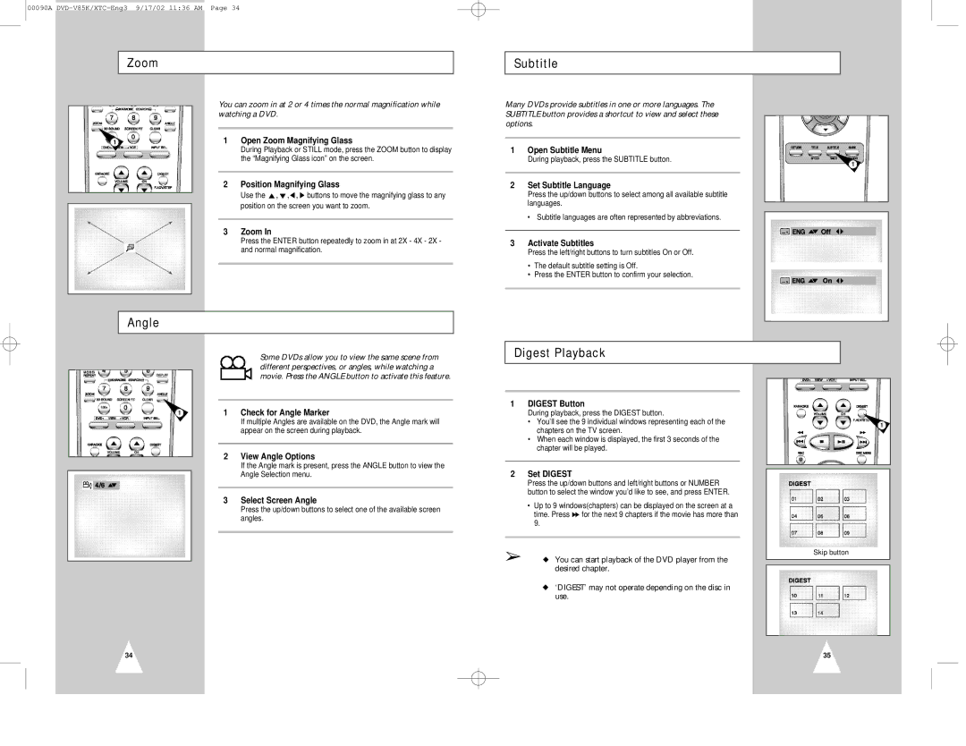 Samsung DVD-V85K instruction manual Zoom, Angle, Subtitle, Digest Playback 