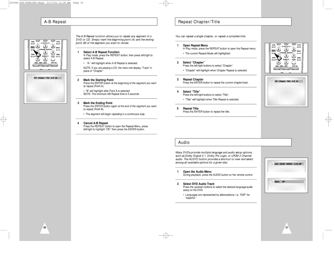 Samsung DVD-V85K instruction manual Repeat Chapter/Title, Audio 