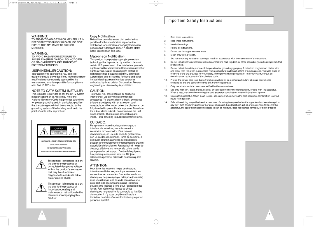 Samsung DVD-V85K instruction manual Important Safety Instructions, USER/INSTALLER Caution 