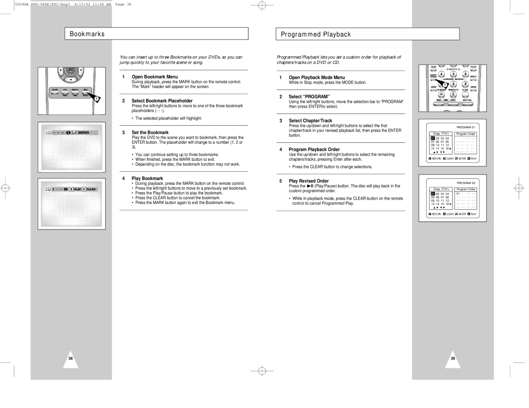 Samsung DVD-V85K instruction manual Bookmarks Programmed Playback 