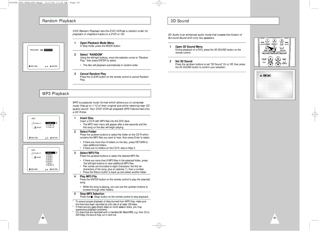 Samsung DVD-V85K instruction manual Random Playback 3D Sound, MP3 Playback 