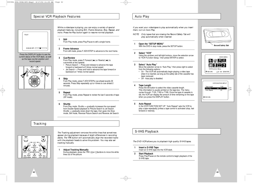 Samsung DVD-V85K instruction manual Special VCR Playback Features Auto Play, Tracking, VHS Playback 