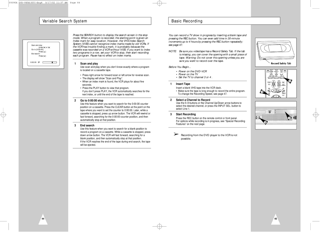 Samsung DVD-V85K instruction manual Variable Search System Basic Recording 