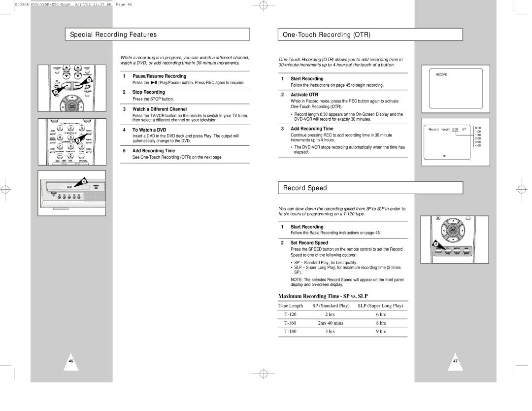 Samsung DVD-V85K instruction manual Special Recording Features One-Touch Recording OTR, Record Speed 