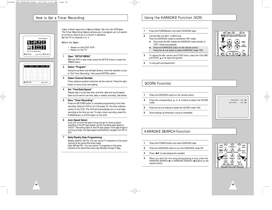 Samsung DVD-V85K How to Set a Timer Recording Using the Karaoke Function VCR, Score Function, Karaoke Search Function 