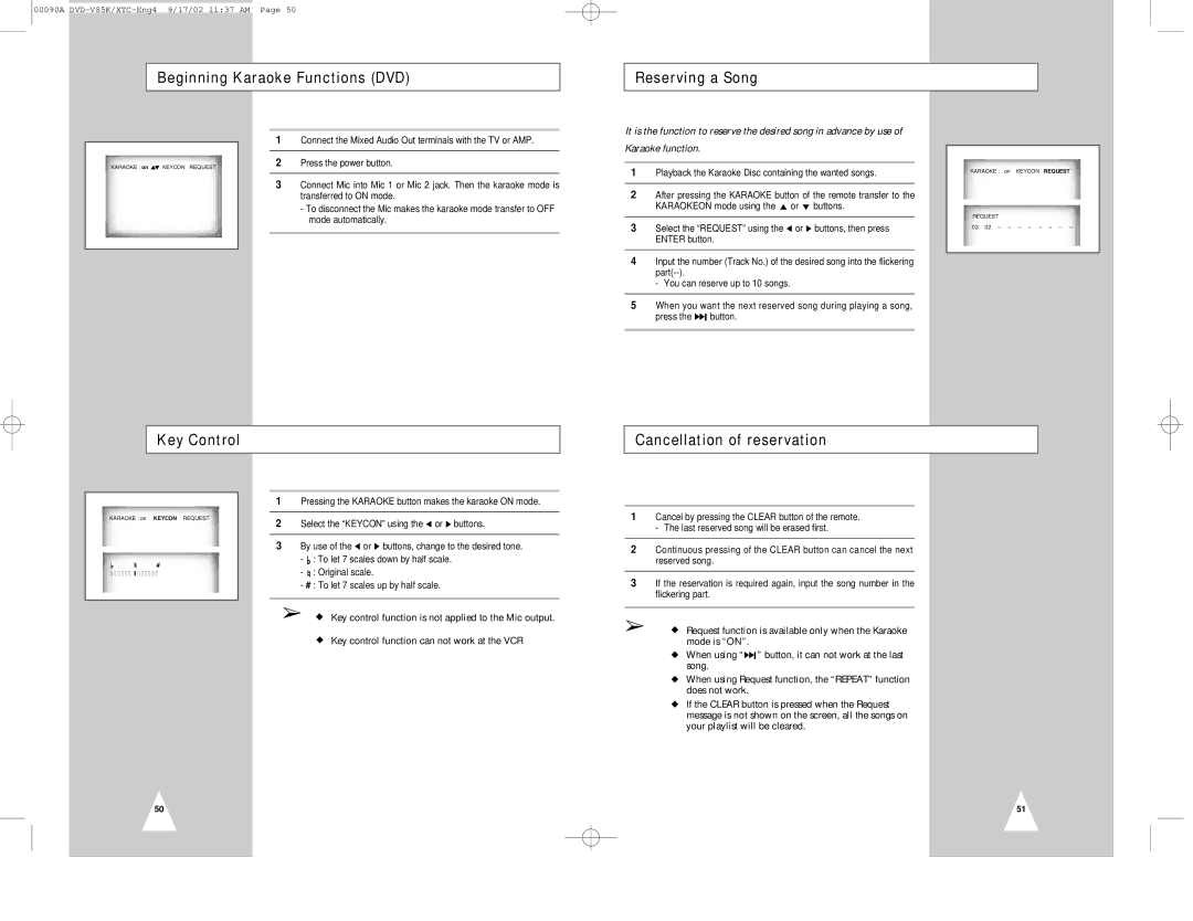 Samsung DVD-V85K Beginning Karaoke Functions DVD Reserving a Song, Key Control Cancellation of reservation 