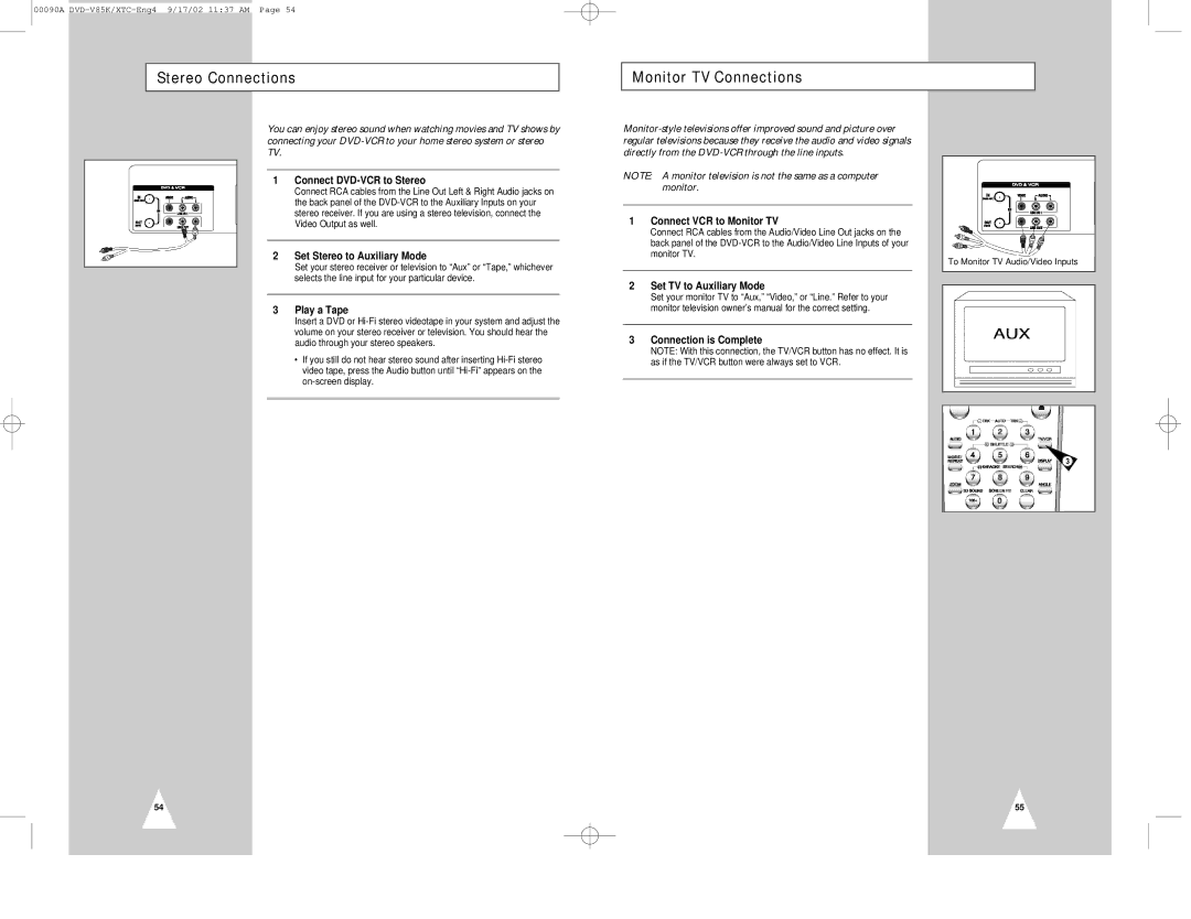 Samsung DVD-V85K instruction manual Stereo Connections Monitor TV Connections 