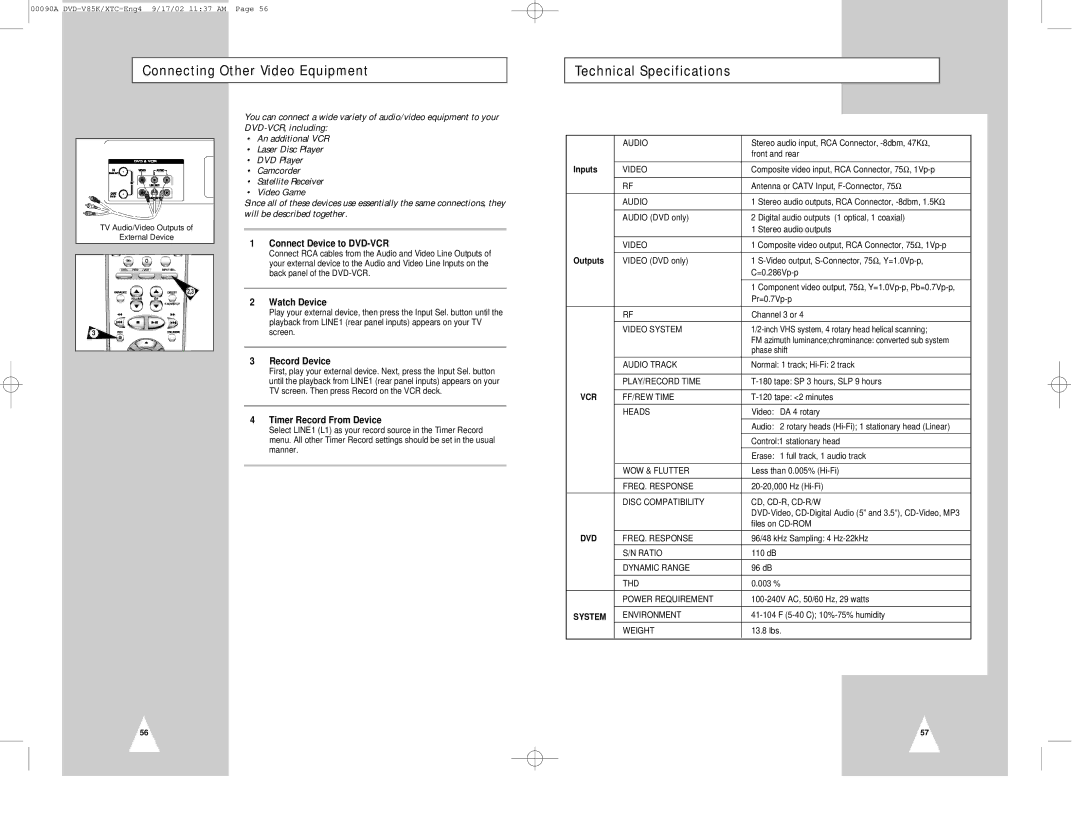 Samsung DVD-V85K Connecting Other Video Equipment Technical Specifications, Connect Device to DVD-VCR, Watch Device 