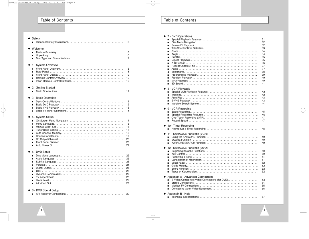 Samsung DVD-V85K instruction manual Table of Contents 