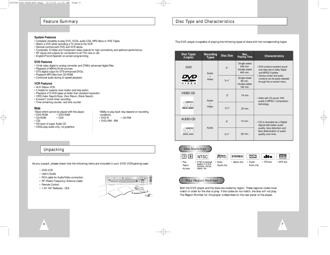 Samsung DVD-V85K instruction manual Feature Summary, Disc Type and Characteristics, Unpacking 