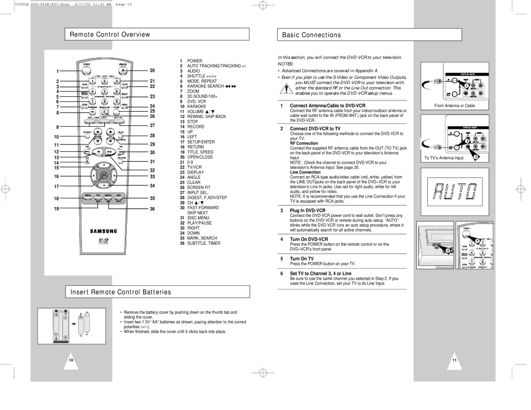 Samsung DVD-V85K instruction manual Remote Control Overview Basic Connections, Insert Remote Control Batteries 