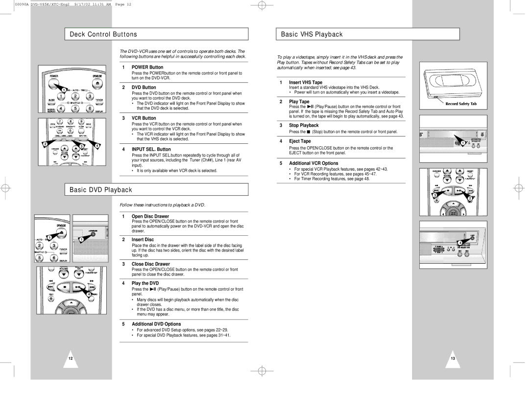 Samsung DVD-V85K instruction manual Deck Control Buttons Basic VHS Playback, Basic DVD Playback 