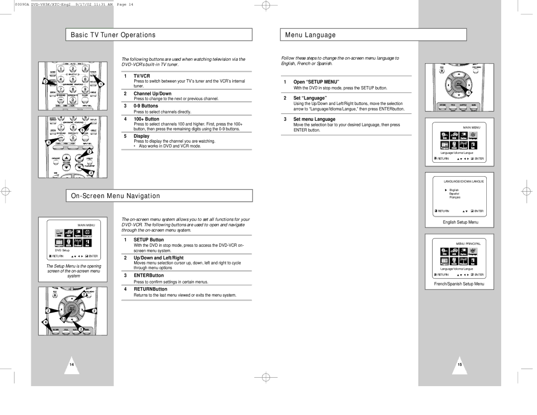 Samsung DVD-V85K instruction manual Basic TV Tuner Operations Menu Language, On-Screen Menu Navigation 